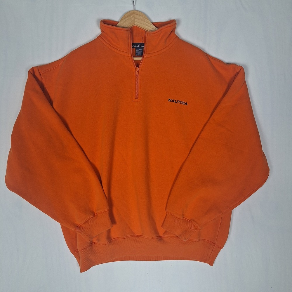 Nautica Vintage 90s Quarter Zip Pullover Sweatshirt Embroidered Orange XXL